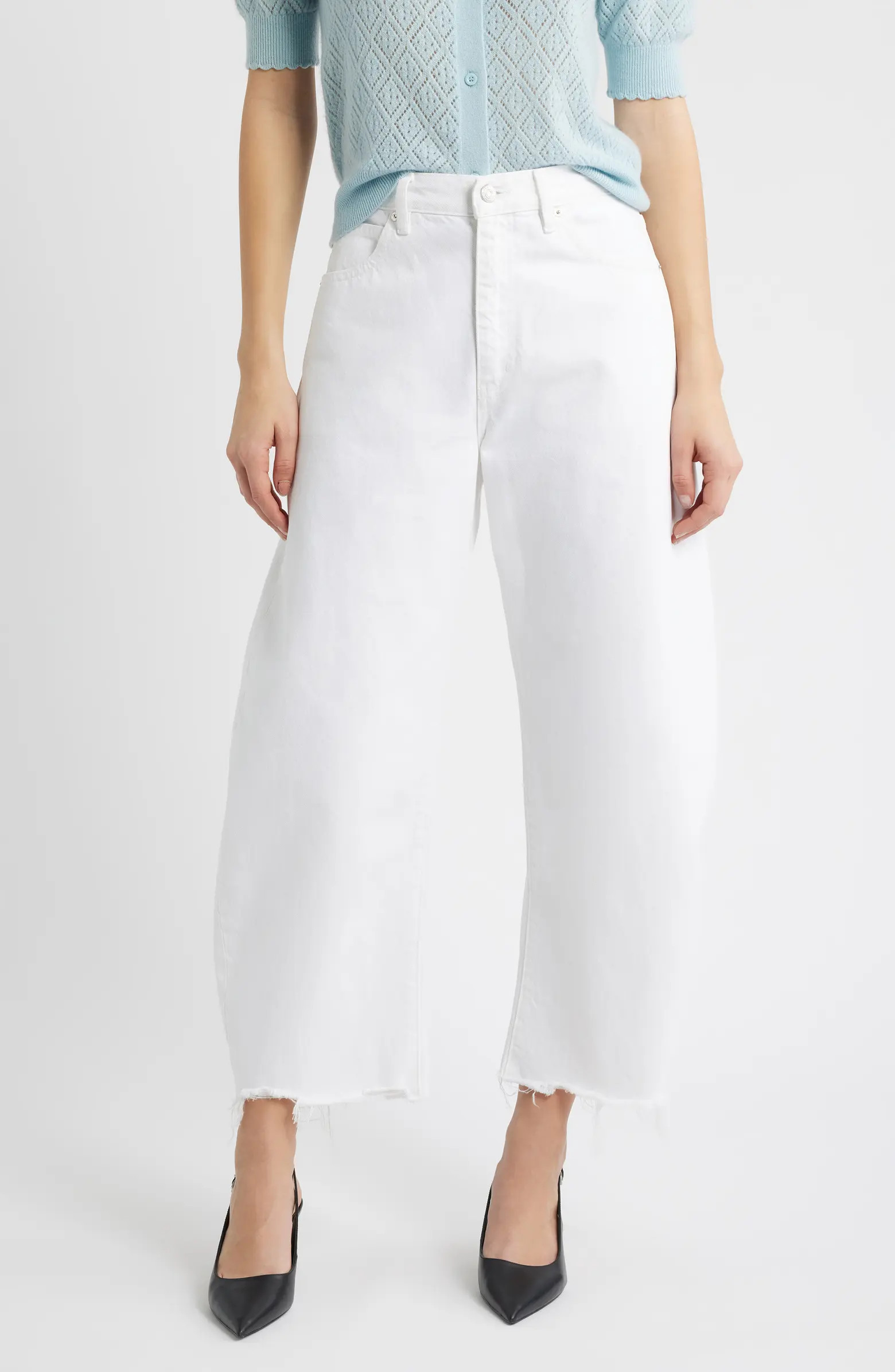 FRAME The Bubble Frayed High Waist Crop Barrel Jeans | Nordstrom | Nordstrom