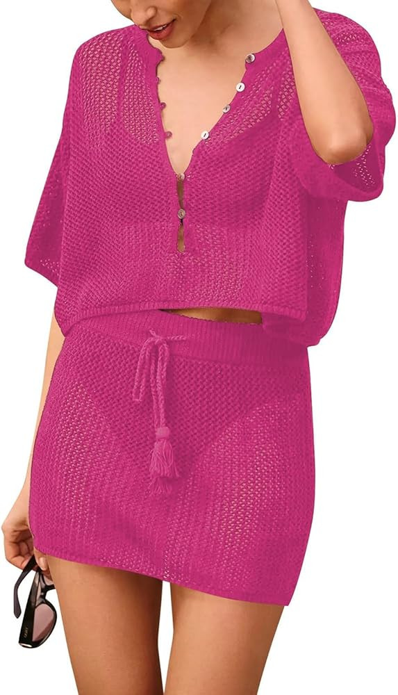 Pink Queen 2 Piece Crochet Swimsuit Cover Ups for Women Hollow Out Knitted Bathing Suit Coverup B... | Amazon (US)