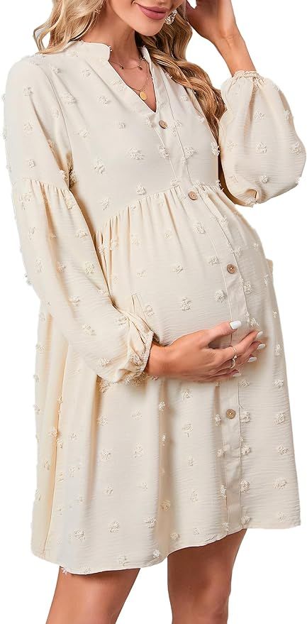 KOJOOIN Maternity Swiss Dot Dress Summer V Neck Short Sleeve Button Down Mini Dress Baby Shower P... | Amazon (US)