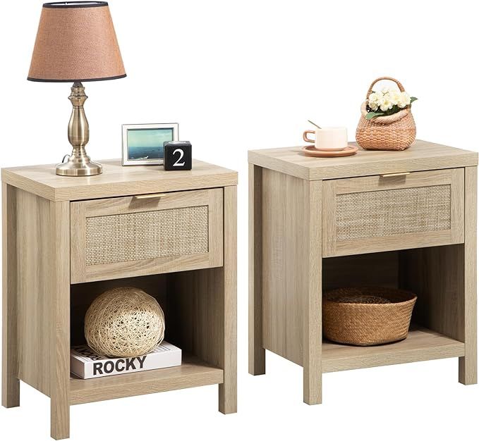 SICOTAS Rattan Nightstands Set of 2, Farmhouse Night Stands with Drawer Bedside Table - Boho End ... | Amazon (US)
