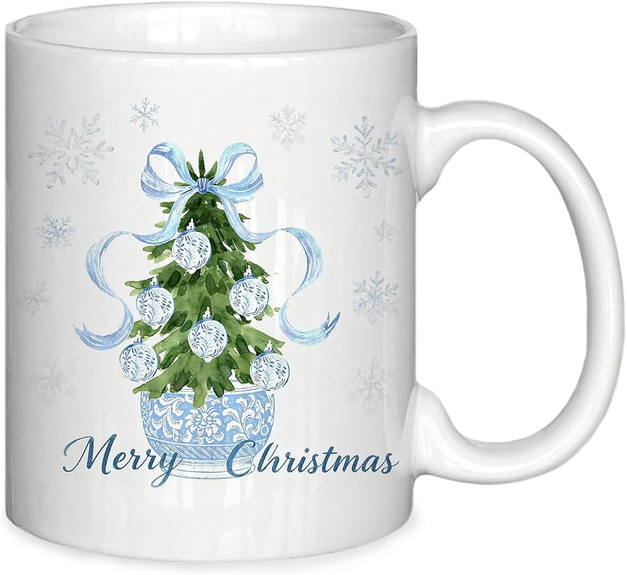 Chinoiserie Christmas Mug,Coquette Bow Blue and White Porcelain Christmas Tree Coffee Cup Ceramic... | Amazon (US)