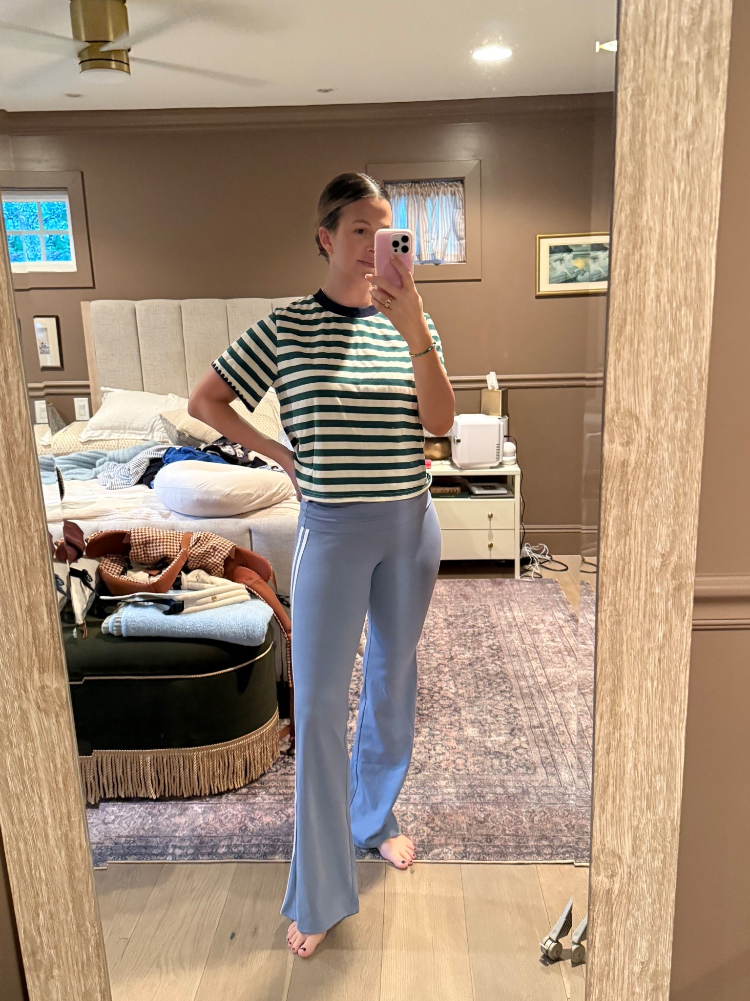 Obsessed with these stretchy track pants from target! Wearing a medium in top and bottom. Less than $50 for the whole outfit!