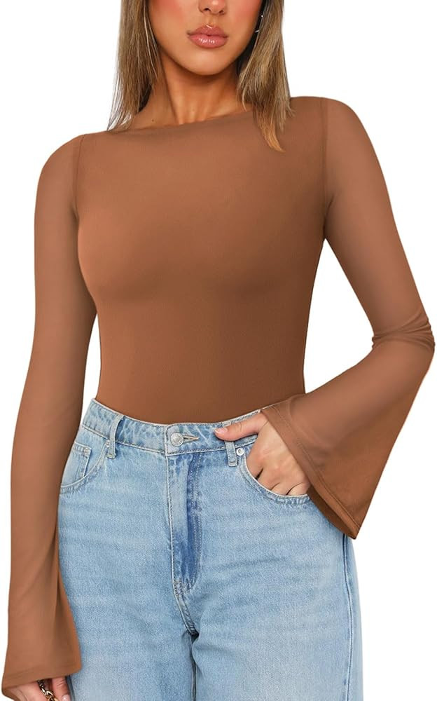 REORIA Women's Trendy Sexy Boat Neck Bell Sleeve Sheer Mesh Going Out Bodysuit Tops | Amazon (US)