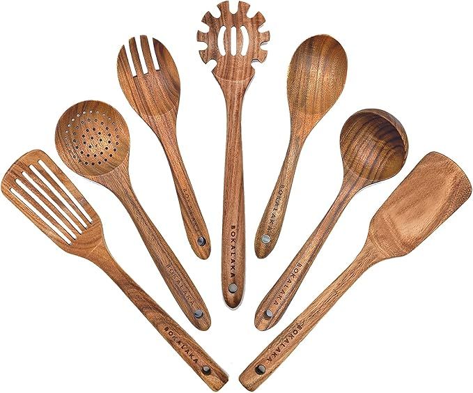 Wooden Spoons for Cooking,7Pcs Wooden Utensils for Cooking Teak Wooden Kitchen Utensil Set Wooden... | Amazon (US)