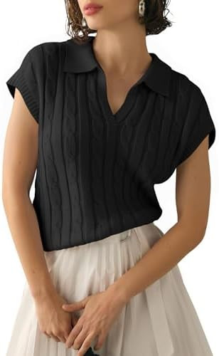 Saodimallsu Womens V Neck Polo Sweater Vest Cable Knit Cap Sleeve Spring Summer Casual Loose Pull... | Amazon (US)