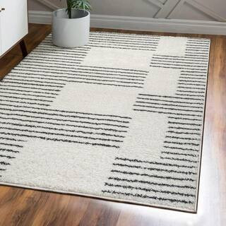 Petra Abstract Stripe Geometric Shag White/Black 3 ft. x 5 ft. Area Rug | The Home Depot