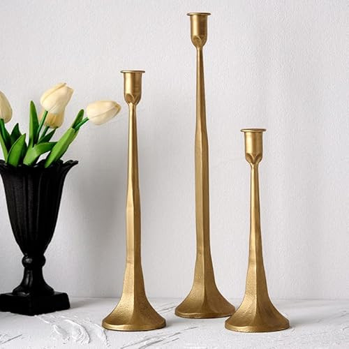Denique Iron Taper Candle Holder Set of 3, Gold Candlestick Holders Decorative Candle Stand, Tapered Candle Holders Tall Set for Wedding, Dining Table, Home Decoration (Gold) | Amazon (US)