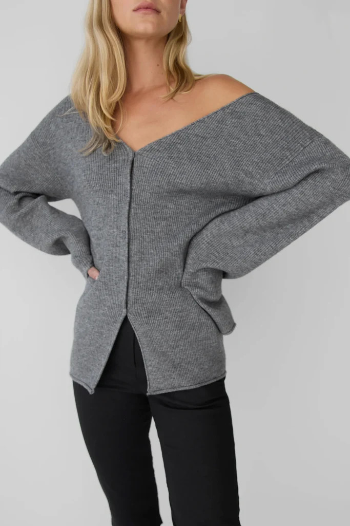 V-NECK BUTTON FRONT SWEATER WITH WAIST TIE | OAK + FORT