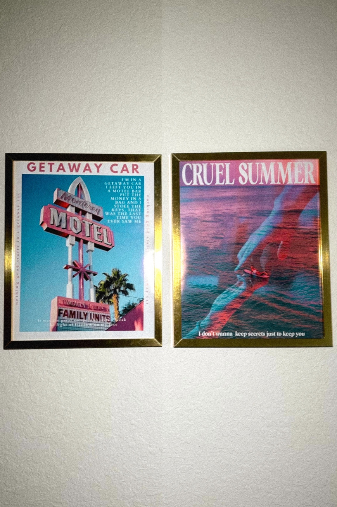 Taylor swift inspired wall art for my new apartment! | poster | eras tour | getaway car | cruel summer | girly | pink | 

#LTKhome #LTKSeasonal #LTKparties