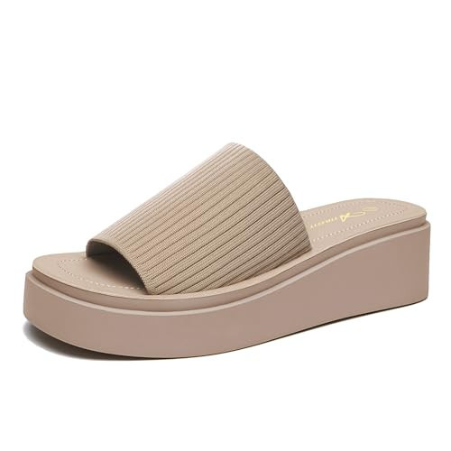 Athlefit Women's Slip On Platform Sandals Comfortable Open Toe Flatform Chunky Nude Sandals Size 9.5 | Amazon (US)