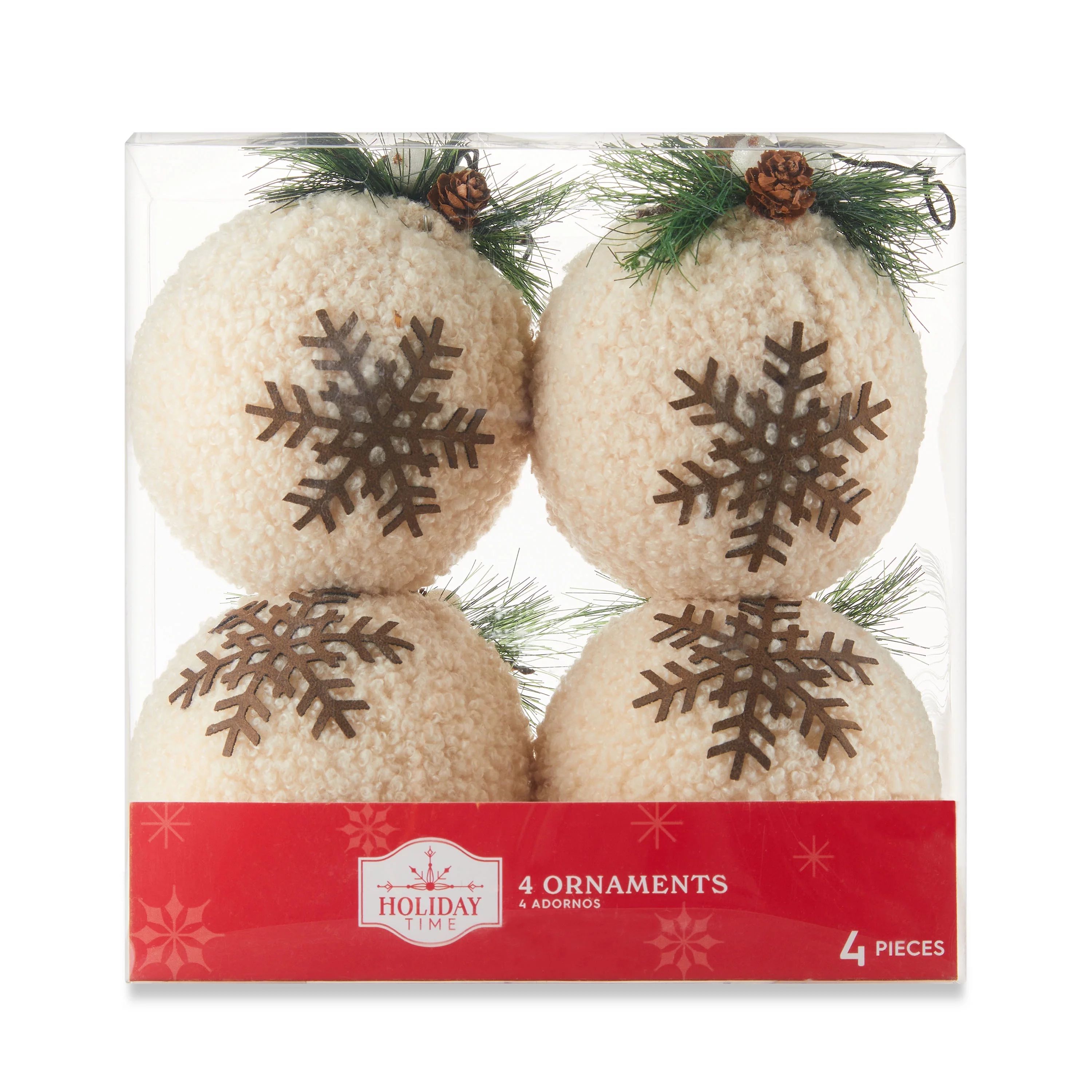 Festive Fireside Christmas White Sherpa with Mistletoe and Pinecone Ball Ornament Set, 4 Count, b... | Walmart (US)