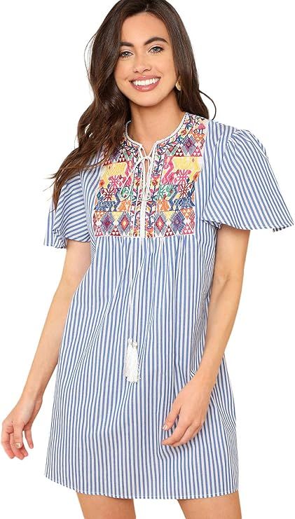 Floerns Women's Short Sleeve Striped Embroidered Tassel Tie Neck Dress | Amazon (US)