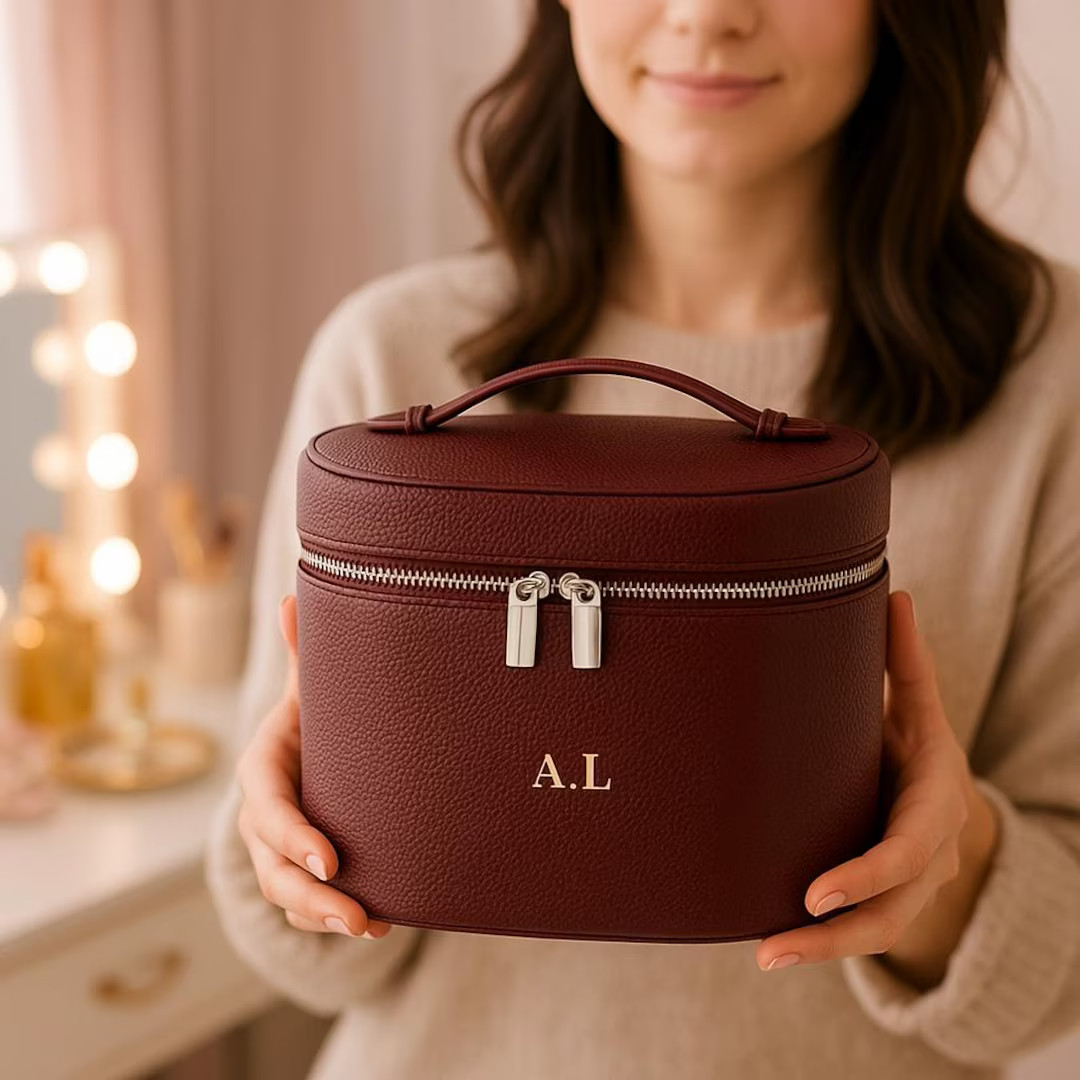 Personalized Leather Embroidered Makeup Bag, Custom Large Capacity Cosmetic Bag, Embroidered Leat... | Etsy (US)