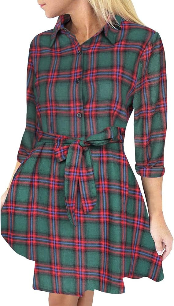 FANCYINN Women Long Sleeve Plaid Pattern Tunic Tops Shirt Casual Dress | Amazon (US)