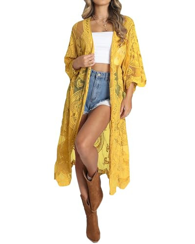 Bsubseach Women Yellow Mesh Cardigan Lace Beach Kimono Open Front Swimsuit Cover Ups Bikini Swimwear | Amazon (US)