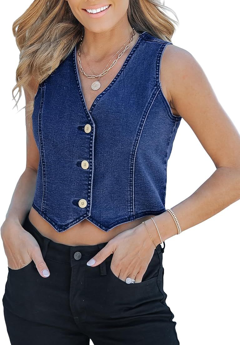 luvamia Jean Vests for Women Crop Denim Top Button Down Waistcoat Vest Tops Fashion Casual Sleeve... | Amazon (US)