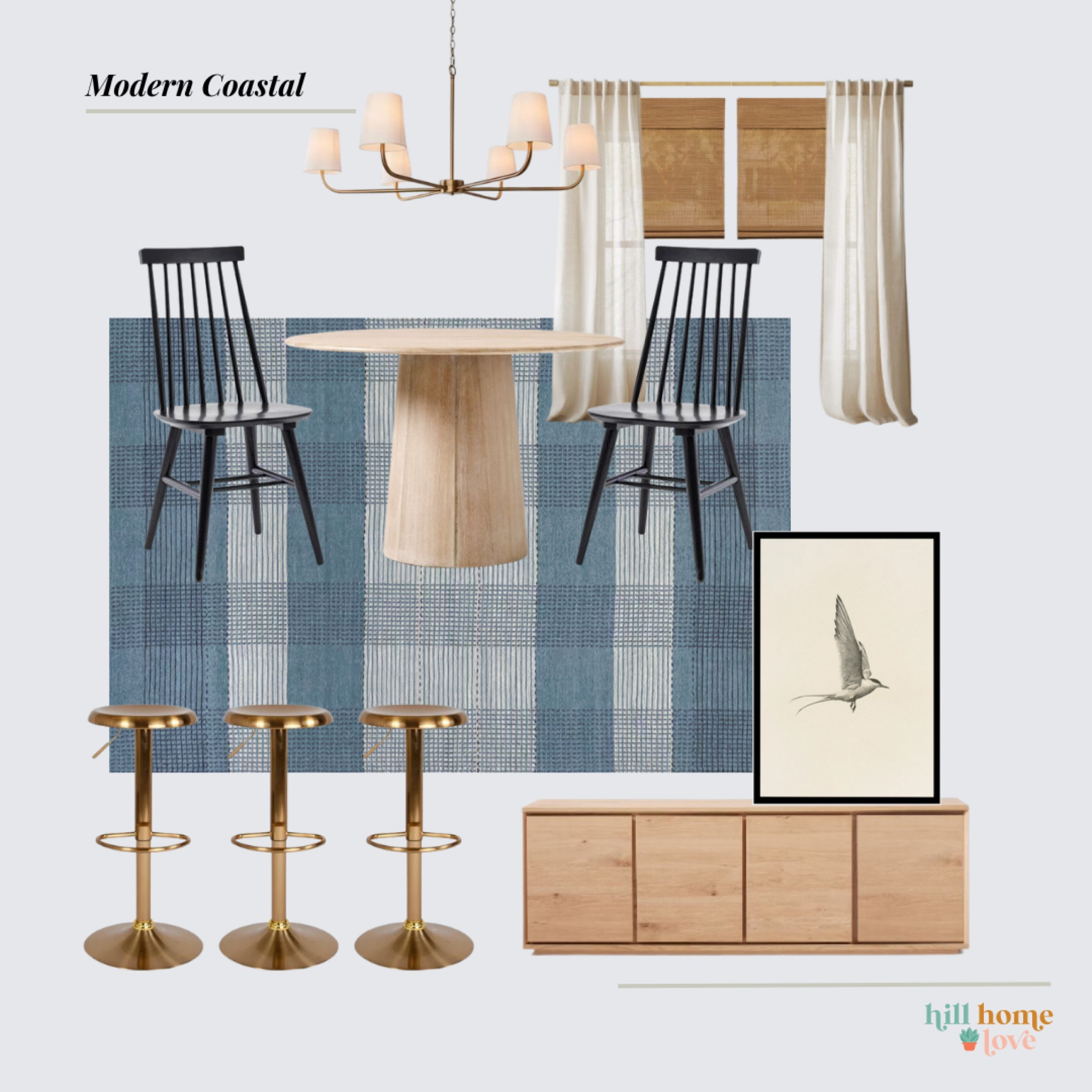 Modern Coastal Dining Room Design Idea 👏🏽 those gold barstools really bring it all together for this client design! They have a small bar looking into their kitchen. 

#LTKhome