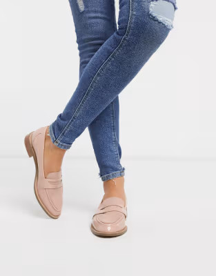 ASOS DESIGN Mail loafer flat shoes in beige patent | ASOS (Global)