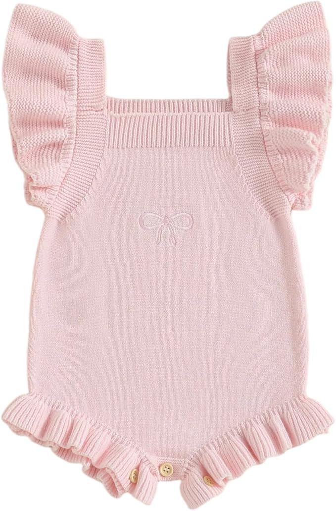 Newborn Baby Girl Clothes Bow Embroidery Romper Sleeveless Knit Romper Jumpsuit Sweater Bodysuit ... | Amazon (US)