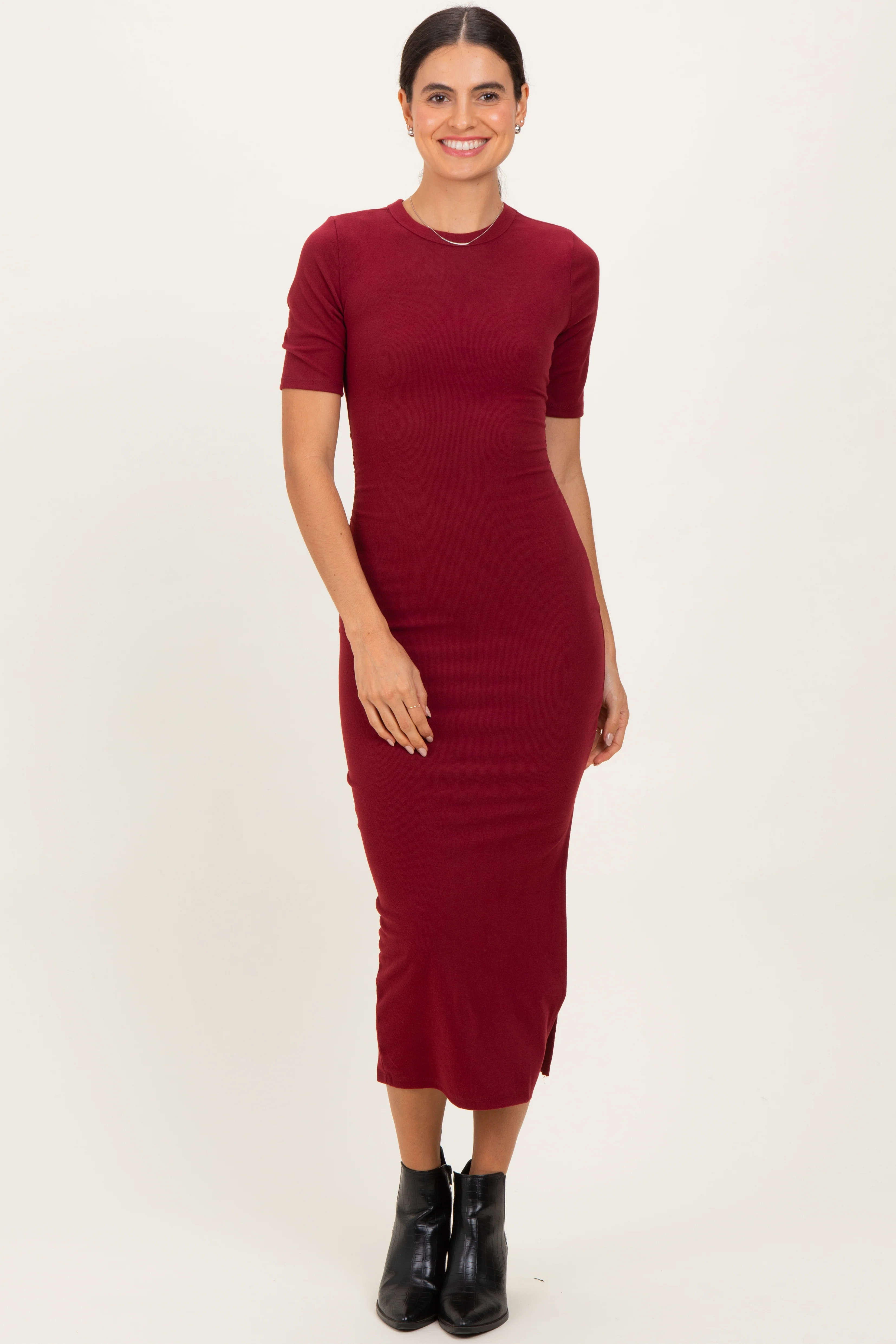 Burgundy Ruched Side Slit Midi Dress | PinkBlush Maternity