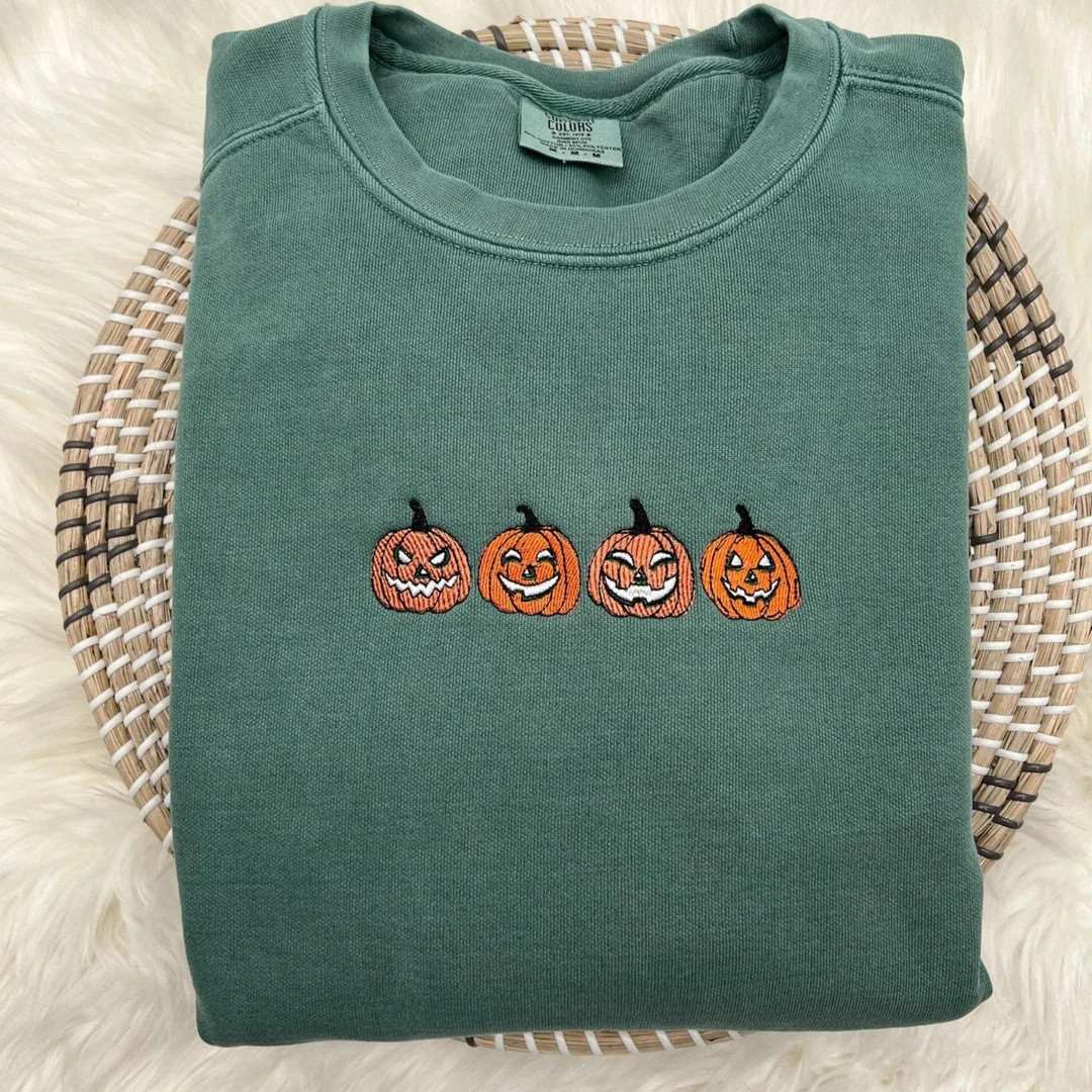 Embroidered Comfort Colors® Pumpkin Sweatshirt, Jack-o-lantern Sweatshirt, Halloween Embroidered... | Etsy (US)