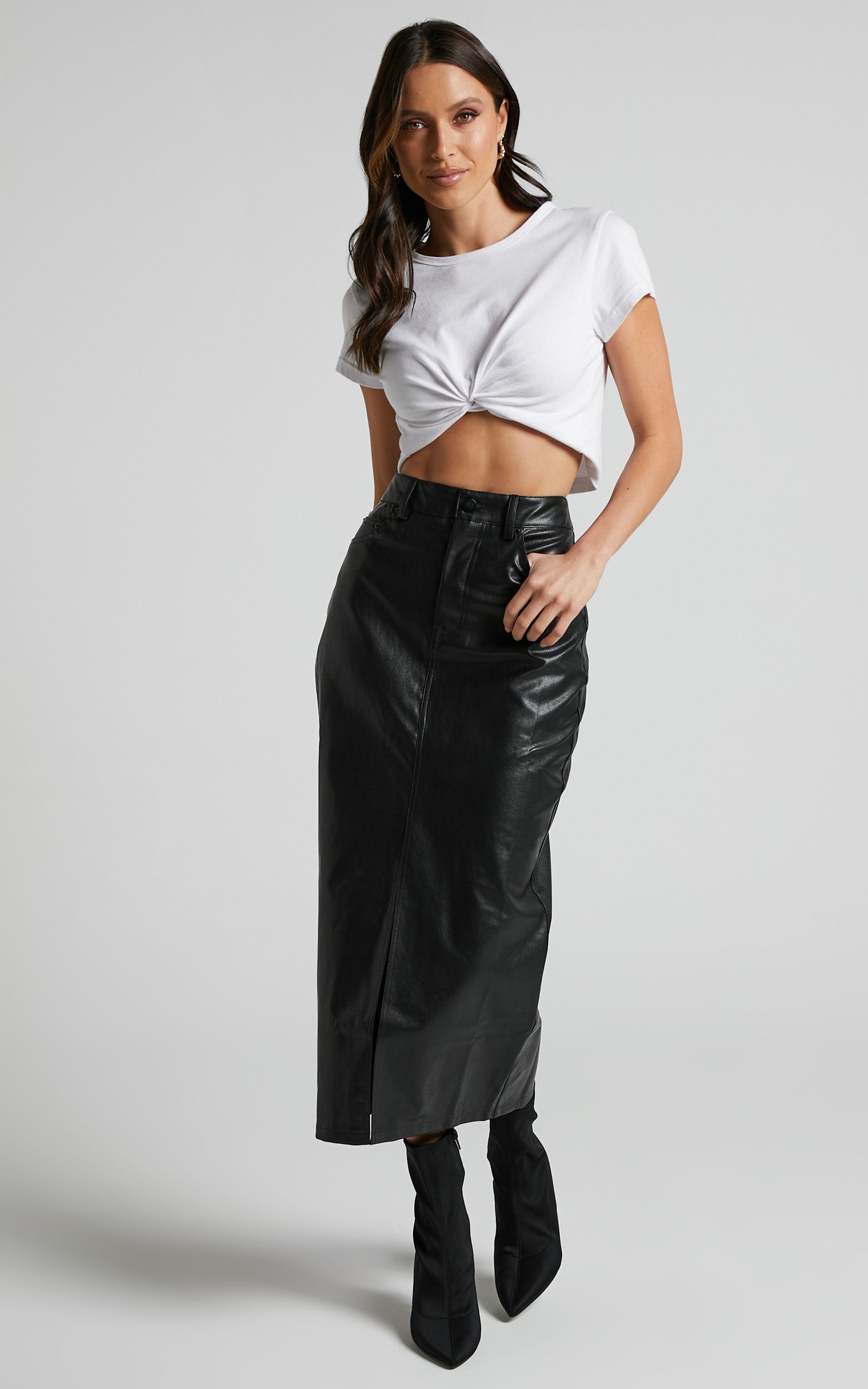 Jules Midi Skirt - Faux Leather High Waisted Front Split Midi Skirt in Black | Showpo (US, UK & Europe)