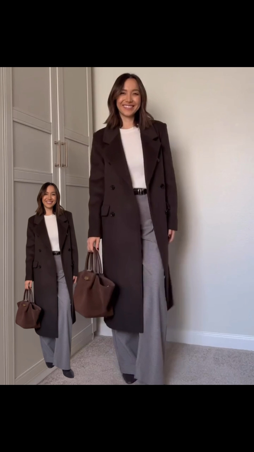 Business casual work outfit 

Mango tailored coat — xs Aritzia cashmere
Br cashmere Crewneck — linked to a similar style 
Madewell belt 
Abercrombie Sloane tailored pants — size 25 regular 
Demellier the midi New York tote 
Jcrew booties 

#LTKWorkwear