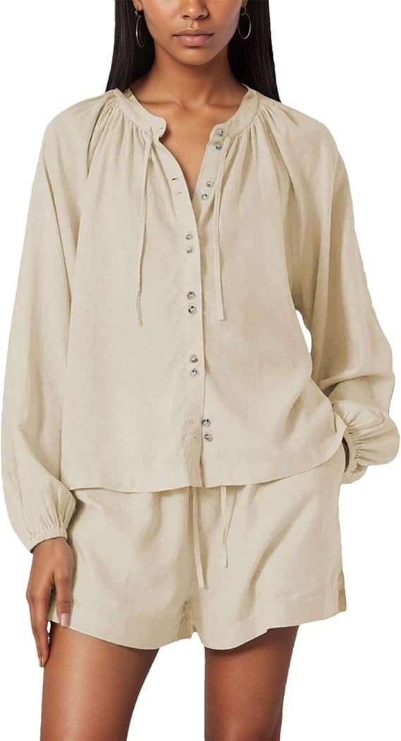 Wanzetaly Women's Oversized 2 Piece Sets Long Sleeve Button Down Shirt Matching Shorts Sets Sprin... | Amazon (US)