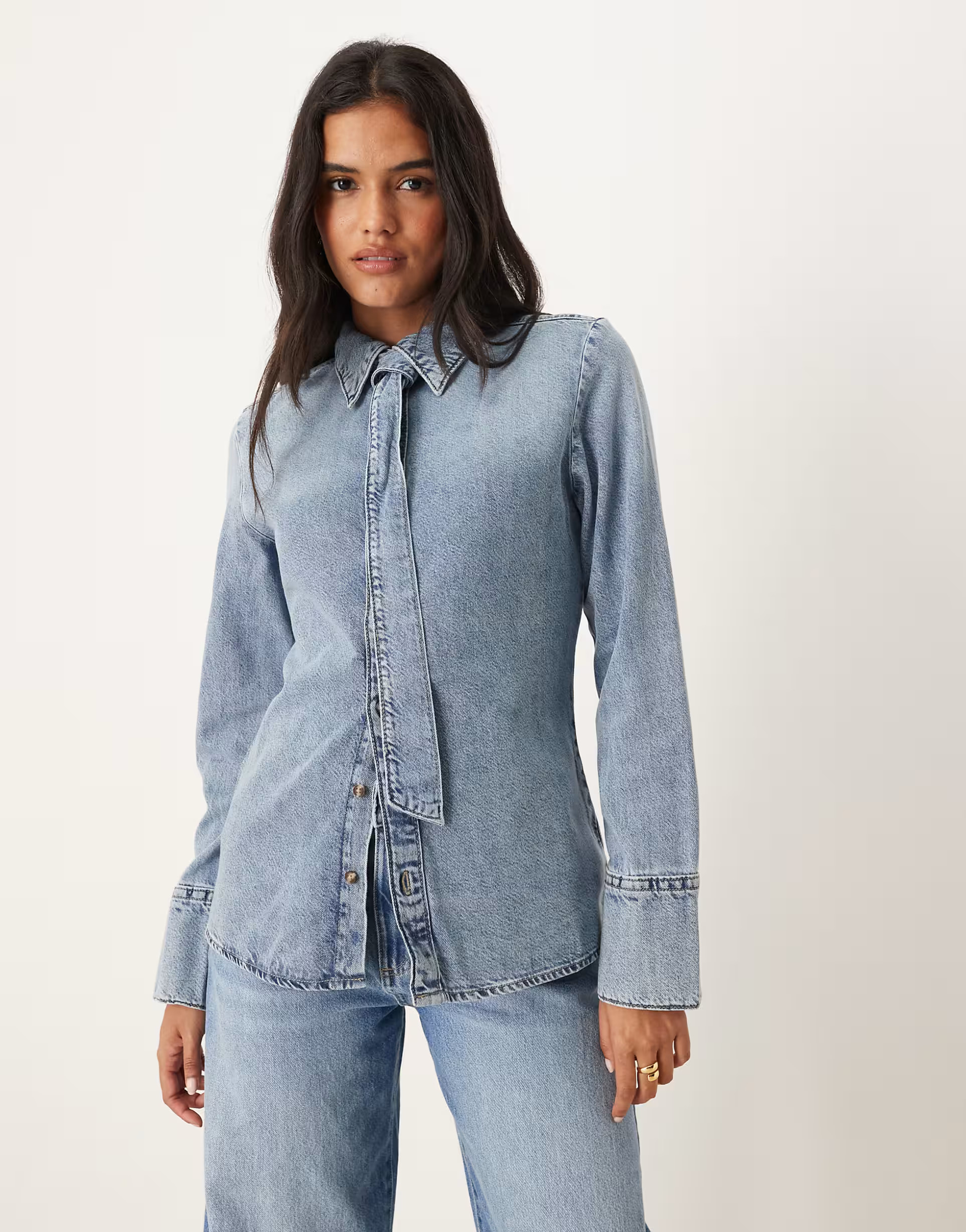 Mango cotton mix long sleeve denim shirt with tie neck in medium blue | ASOS (Global)