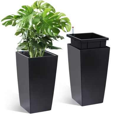 Tall Planter Set of 2 with Shelf Insert, Self-Absorbing Plastic Flower Pots | Target