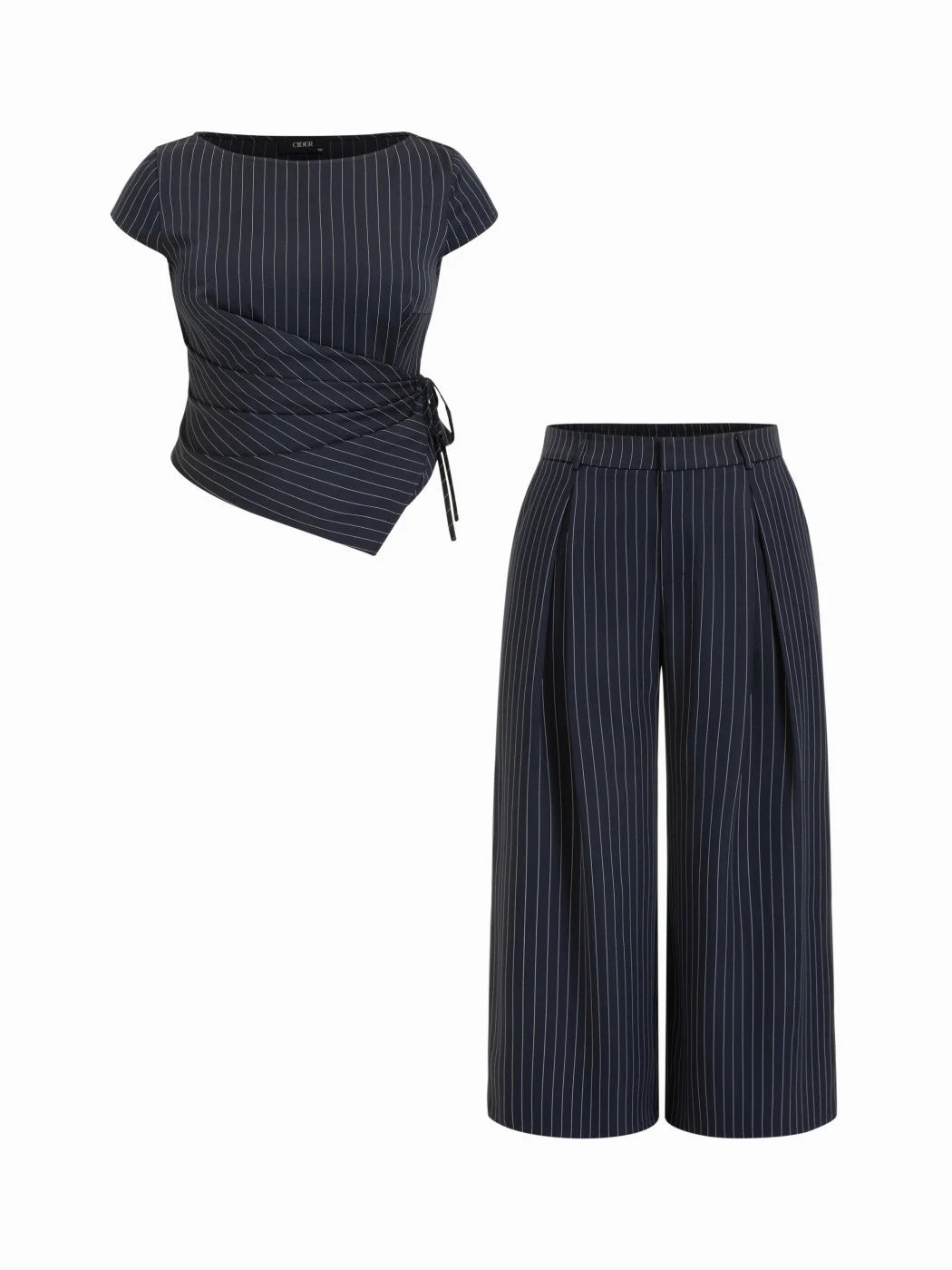 Striped Boat Neck Wrap Top & Mid Rise Wide Leg Trousers Set Curve & Plus | Cider