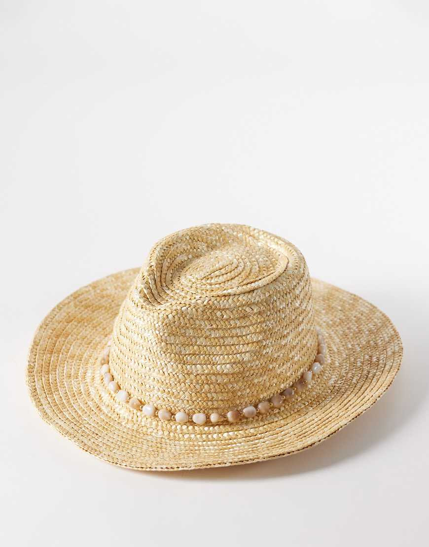 South Beach straw cowboy hat with faux pearl shell trim in natural-Neutral | ASOS (Global)