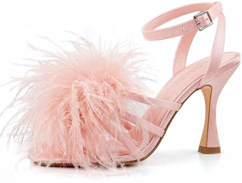 BCTEX COLL Women's Heeled Sandals Fluffy Feather Square Open Toe Ankle Strap Sexy Stiletto High H... | Amazon (US)