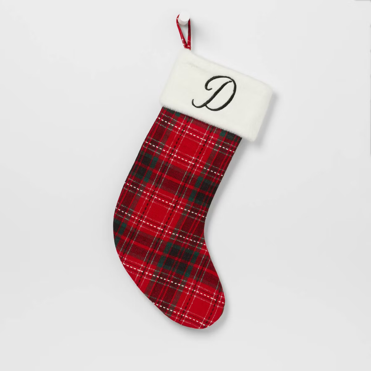 20" Plaid Monogram 'D' Christmas Stocking with Faux Fur Cuff Red/Green/White - Wondershop™: Tra... | Target
