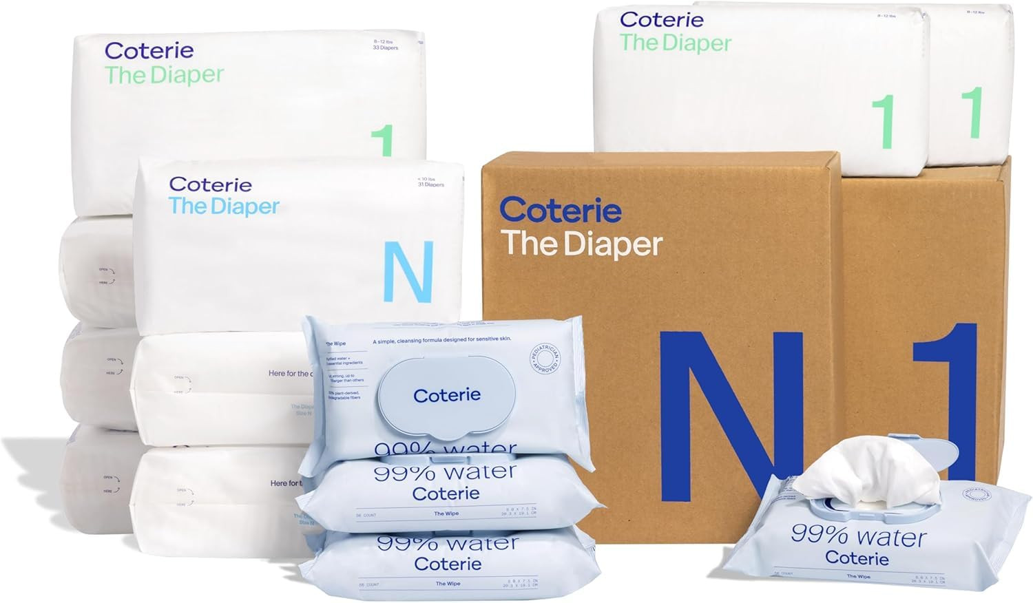 Coterie Baby Diapers + Wipes Baby Kit, Size 1 (198 Count) Size Newborn (93 Count) 4 Wipe Packs (2... | Amazon (US)
