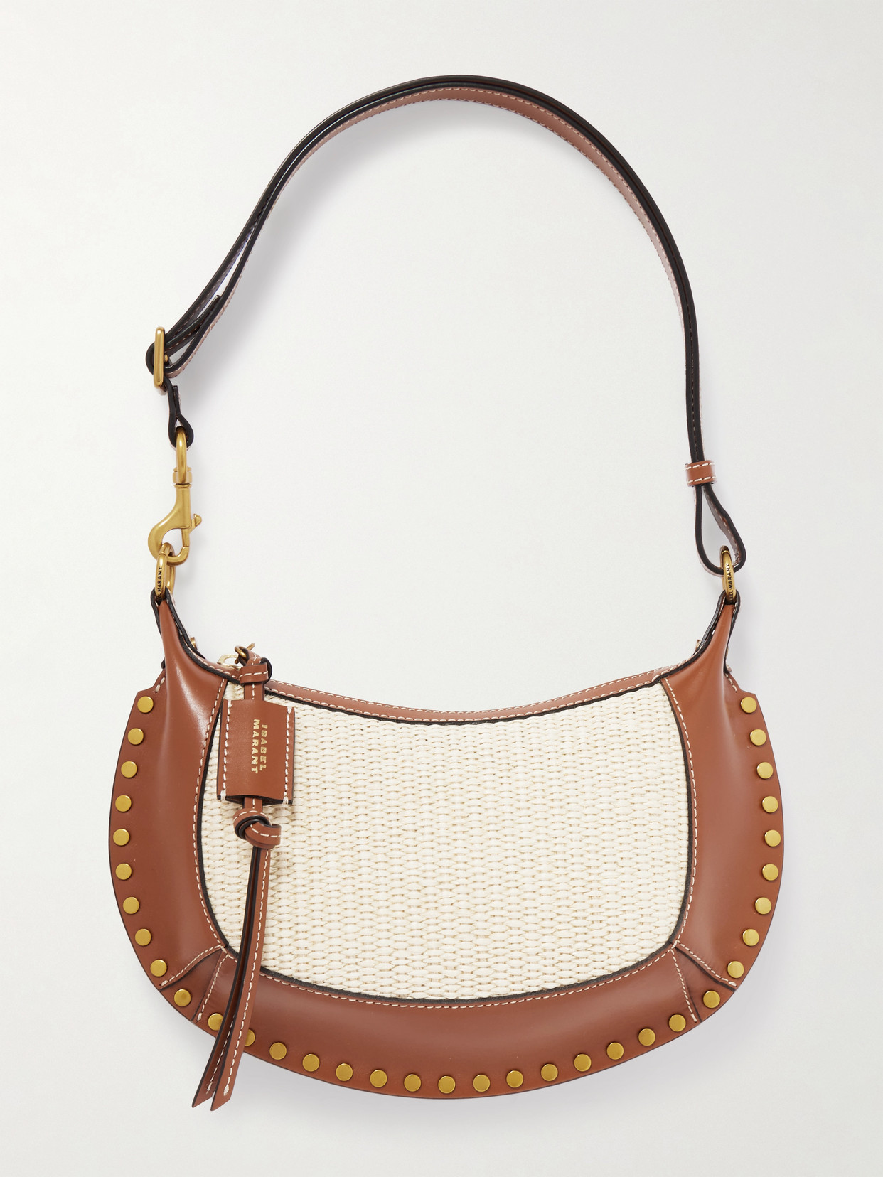Isabel Marant - Oskan Moon Studded Leather-trimmed Raffia Shoulder Bag - Brown | NET-A-PORTER (US)