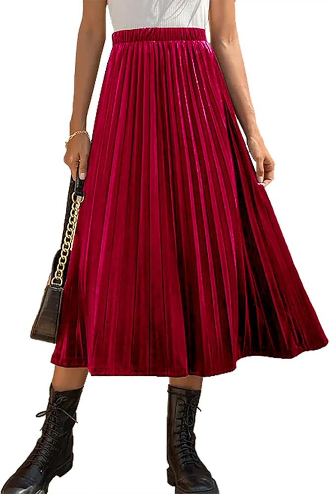 Women’s High Elastic Waist Skirt Pleated A Line Swings Midi Velvet Skirts for Women | Amazon (US)