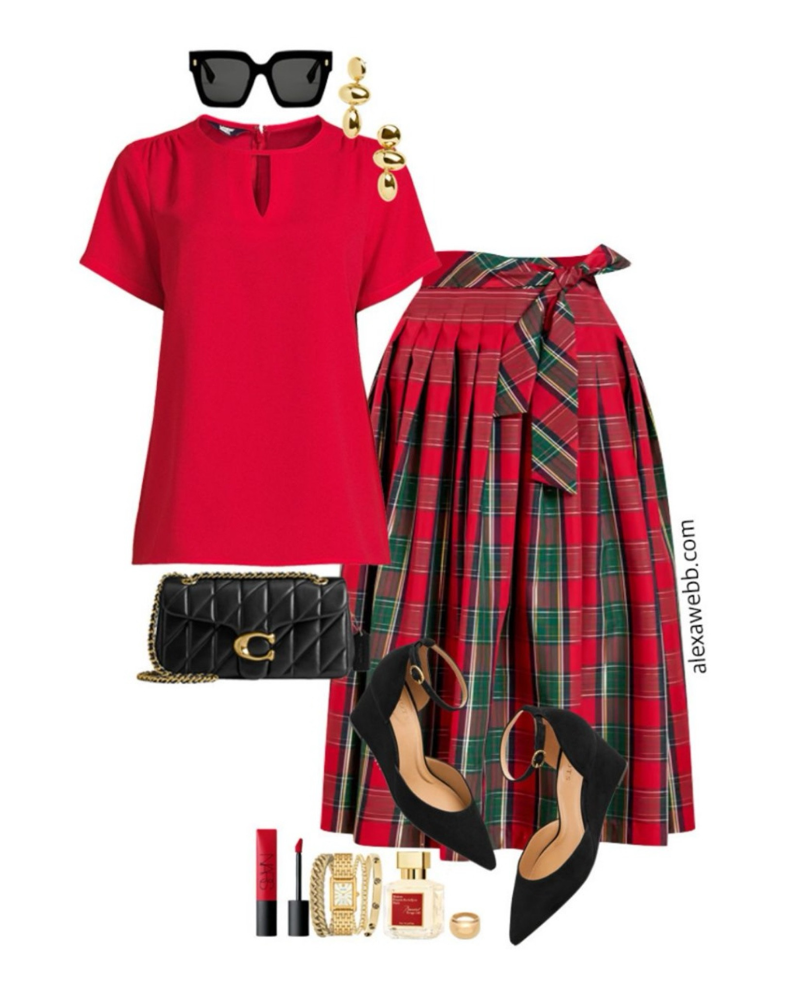 Plus Size Plaid Maxi Skirt Outfits - "Southern Edition" - A plus size holiday outfit idea for warm climates. A red short sleeve blouse and Tartan plaid maxi skirt with wedge pumps. An easy look for holiday dinners and parties. Alexa Webb #plussize

#LTKSeasonal #LTKStyleTip #LTKHoliday