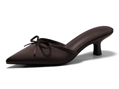 Coutgo Womens Kitten Heels Mules with Bow Satin Slip on Pumps Closed Pointed Toe Dress Wedding Party Shoes, Chocolate, Size 8.5 | Amazon (US)