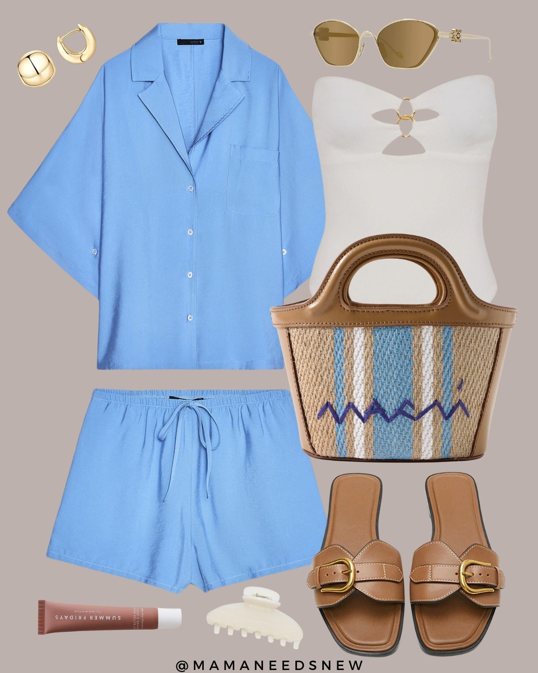 A beach / vacation outfit with a flowy matching short set, one piece swimsuit, tote bag & slides 🩵

#LTKStyleTip #LTKItBag #LTKSaleAlert