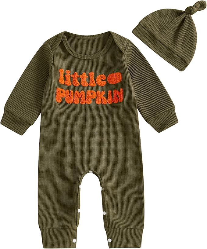Newborn Infant Baby Boy Halloween Outfit Little Pumpkin Embroidery Romper Waffle Knit Long Sleeve... | Amazon (US)