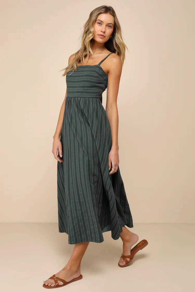 Feeling the Best Green Striped Tie-Back Midi Dress with Pockets | Lulus