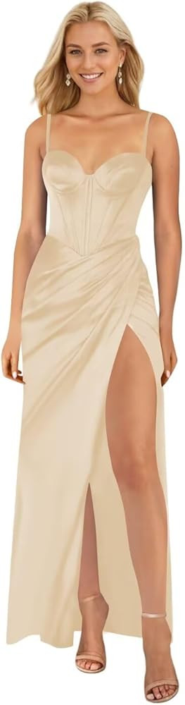 Ruched Satin Bridesmaid Dresses Long Mermaid Corset Prom Dress for Women Formal Evening Gown with... | Amazon (US)