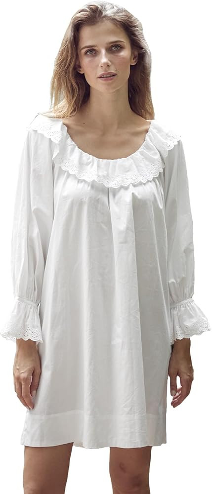 BEAUTELICATE 100% Cotton Women Renaissance Peasant NightGown Shirt Ruffled Sleeve Round Collar wi... | Amazon (US)