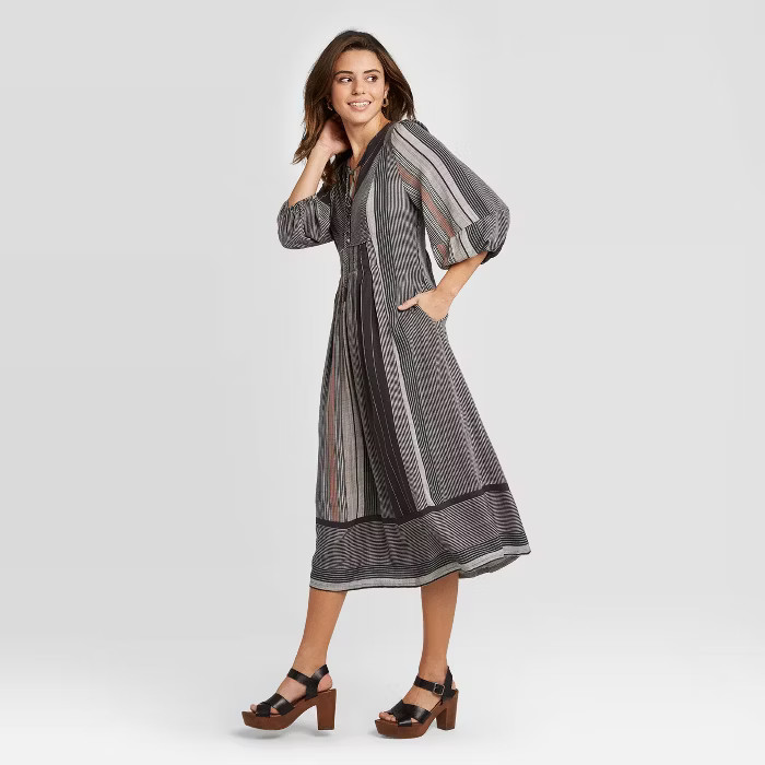 Women's Striped Long Sleeve V-Neck Midi Dress - Universal Thread™ Gray | Target