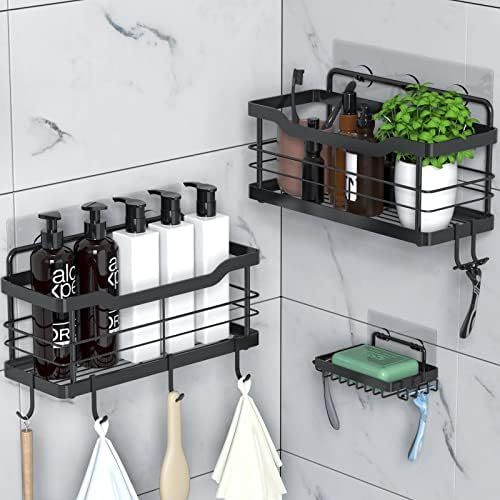 Carwiner Shower Shelf Deep Caddy 3-Pack basket with 10 Hooks & Soap Dish Holder, SUS304 Stainless St | Amazon (US)