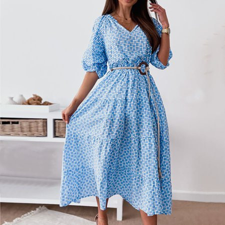 Women s Summer Fashion V-neck Loose Ruffle Dress Lantern Sleeve Long Dress Blue L | Walmart (US)
