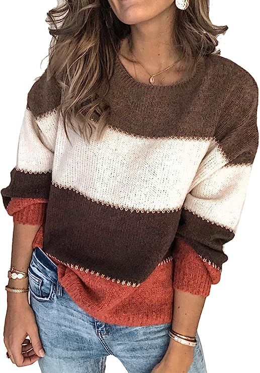 Angashion Women's Sweaters Casual Long Sleeve Crewneck Color Block Patchwork Pullover Knit Sweate... | Amazon (US)