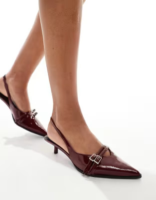 Bershka buckle detail heeled court shoes in burgundy | ASOS (Global)