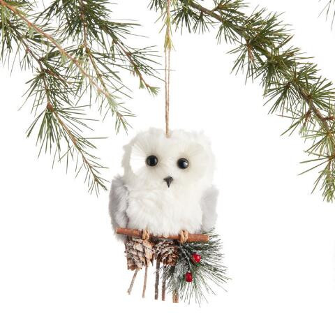 Faux Fur Owl on Twig Perch Ornament | World Market